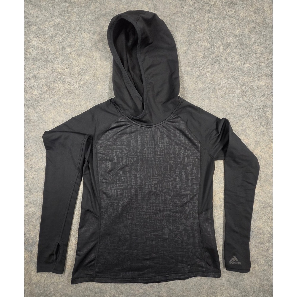 Adidas Climawarm Womens Black Graphic Pullover Hoodie Thumbhole Training Top S